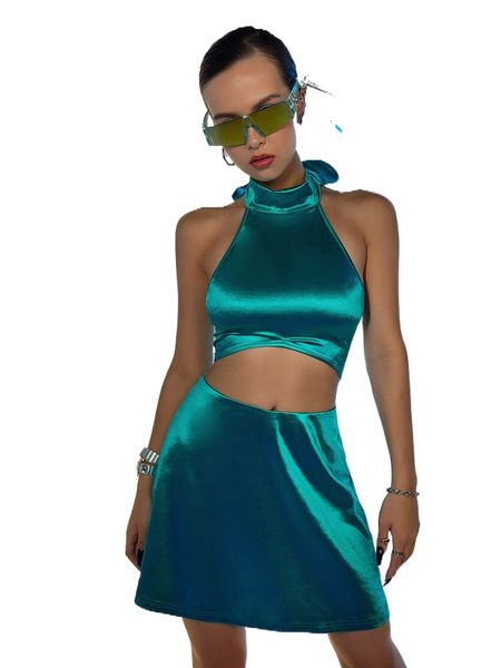 

backless satin crop halter & skirt 34zo#, White