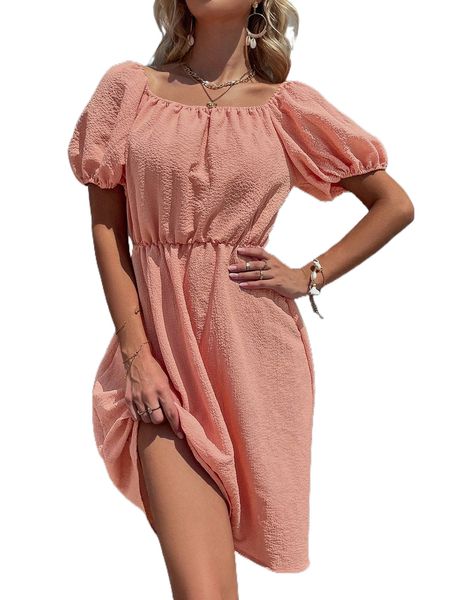 

square neck puff sleeve solid a-line dress x2kn#, Black;gray