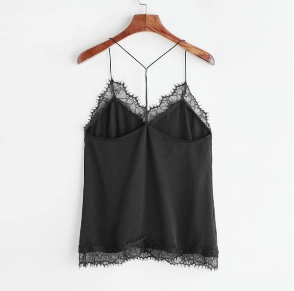 

t-shirt summer women sling ladies v-neck solid color spandex casual sleeveless lace cropped aa, White