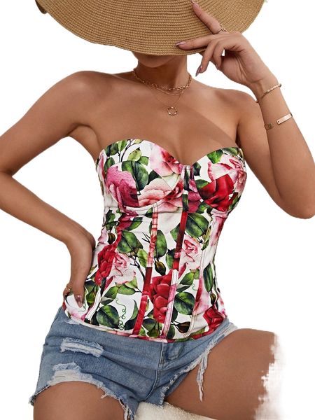

floral print lace up back bustier tube 57n5#, White