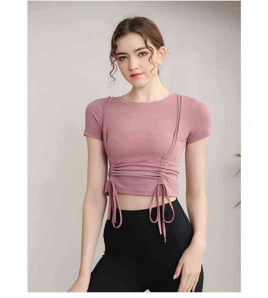 

short sleeves sportswear with gathering female yoga gym wear fitness clothes women running suits 9 colors s22224 t220725, White;red