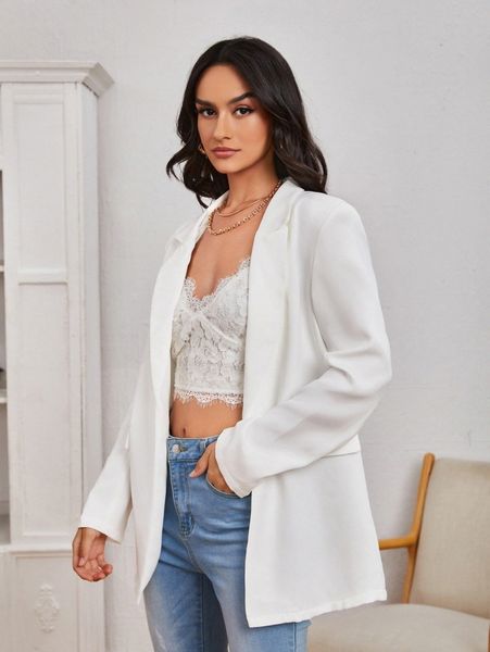 

peak collar flap detail solid blazer r5aj#, White