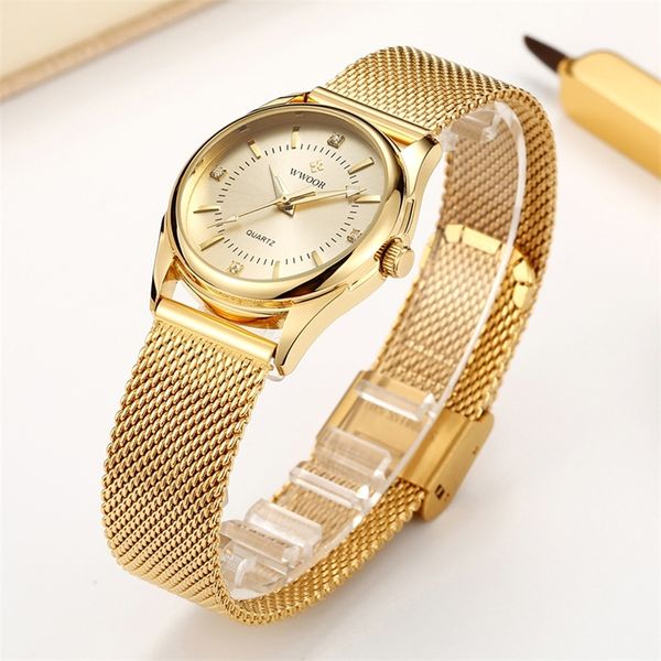 

wwoor luxury brand dress gold watch ladies elegant diamond small quartz wrist watches for women steel mesh clock zegarek damski 220421, Slivery;golden