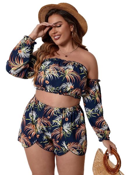 

plus tropical print off shoulder crop & shorts t6ro#, Black