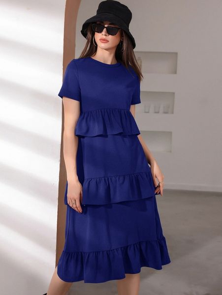 

solid tiered ruffle smock dress z1lx#, Black;gray