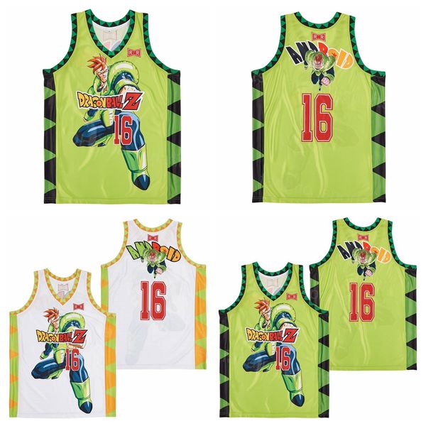 Uomo Film 16 Android Ball Z DBZ Maglia da basket Personaggio Hip Hop Squadra Verde fluorescente Bianco Sport Traspirante HipHop Cucito Puro cotone Alta qualità In vendita