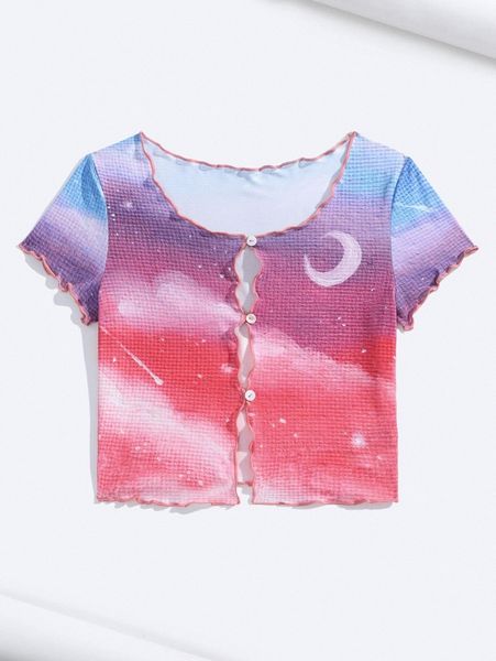 

x butayart ombre & moon print lettuce trim tee h2qg#, White