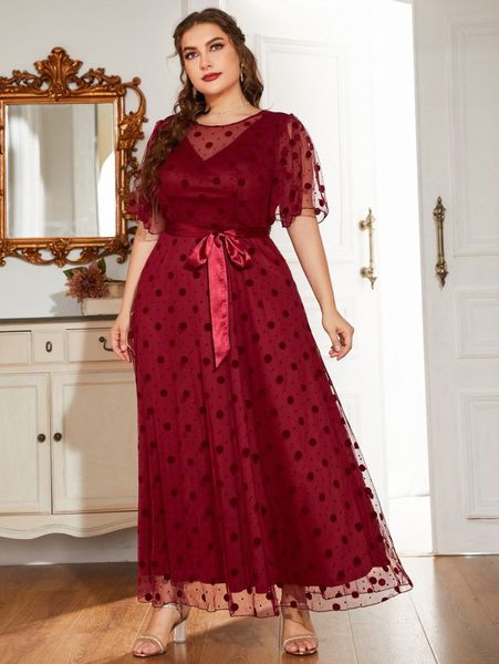 

plus polka dot mesh overlay belted a-line dress p1th#, Black