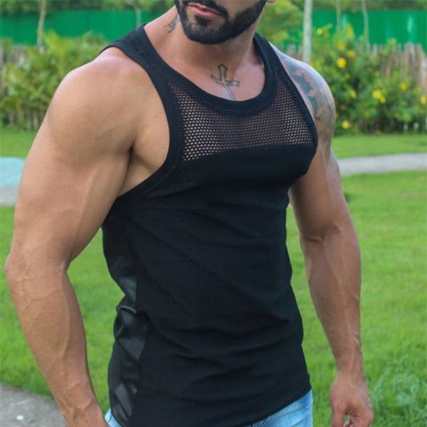 

black men vests summer mesh sleeveless shirt for mens clothing summer casual gym fitness slim fit shirts 220527, White;black