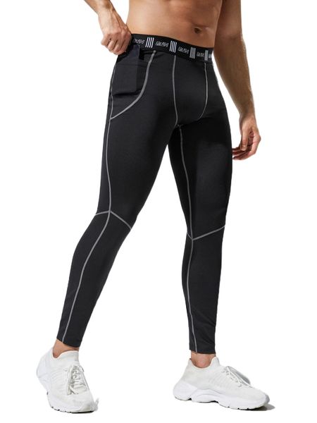 

men letter graphic sports tights with phone pocket k05c#, Black