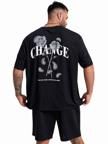 

extended sizes men flowers & letter graphic tee and shorts v2od#, Gray