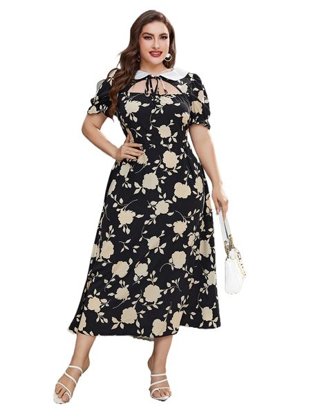 

plus floral print tie neck cut out puff sleeve dress x4dd#, Black