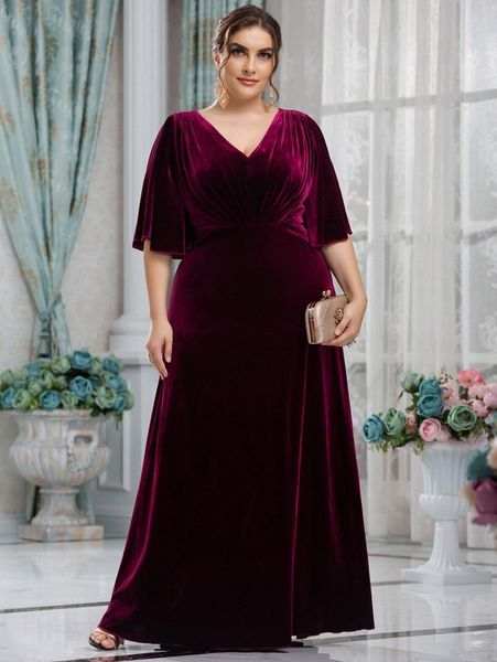 

plus v neck butterfly sleeve velvet dress c71x#, Black