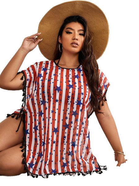 

plus americana print tassel trim batwing sleeve cover up dress z9sm#, Black