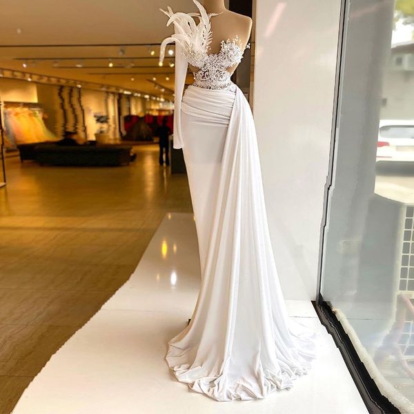 

white mermaid prom dresses deep v neck one long sleeve one shoulder sequins appliques beads feather satin floor length plus size formal part, Black