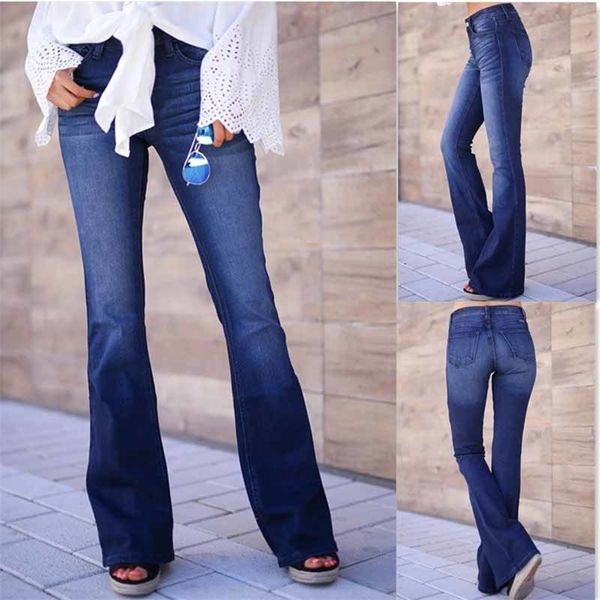 Womens Vintage Cantura alta Coloque Bell Botor Jeans Trendy Blue Denim calça de jeans alta Slim Fit Fit Stretch Denim calças 201109