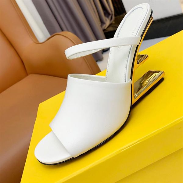 

high heeled slippers for women sandal luxury designe nude sculpted metallic heel open toes slides calfskin shoes leath222r, Black