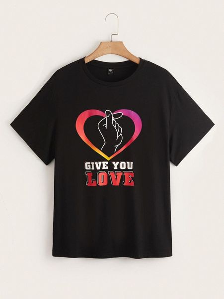 

plus gesture & slogan graphic drop shoulder tee b3tm#, Black