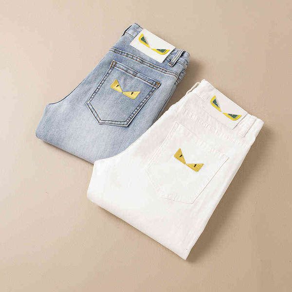 

summer 2022 men's light blue white thin medium waist micro elastic small straight jeans