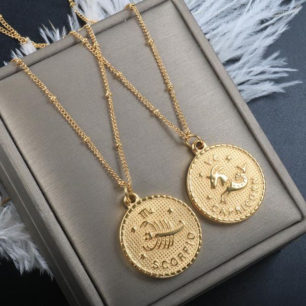 Collane con ciondolo Constellation Coin Collana a doppia faccia Dodici stelle Fortuna Zodiaco Acciaio al titanio Girocollo Gioielli in ghisa Ciondolo regalo