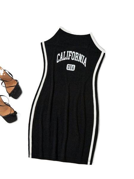 

letter graphic contrast binding cami dress k6fx#, Black;gray
