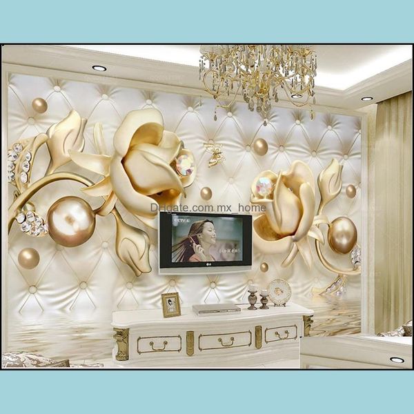 Sfondi Decorazioni per la casa Giardino Pittura classica Carta da parati Personalizzata 3D Stereo Golden Rose Borsa morbida Palla rotonda Gioielli Wallppaers Sfondo TV