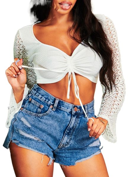 

sxy contrast lace drawstring front crop k9hb#, White