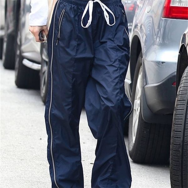 

rapcopter blue side striped sweatpants y2k pockets tie up elestic waist sporty joggers women baggy casual trousers street pants 220803, Black;white