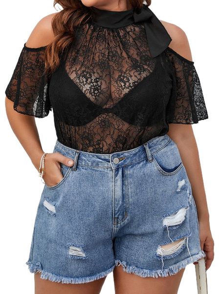 

plus contrast lace tie neck k0k4#, Black