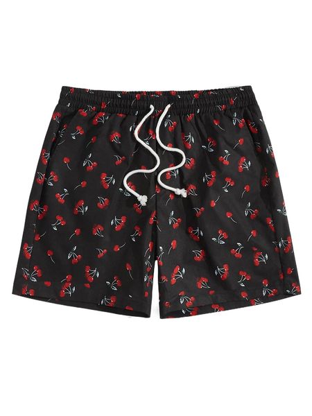 

men cherry print drawstring waist shorts a5so#, White;black