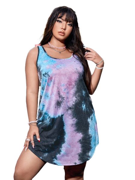

plus scoop neck tie dye print dress without belt 50tc#, Black