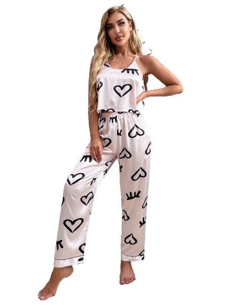 

eyelash & heart print satin cami & pants pj set t28u#, Black;red