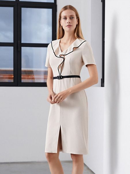 

motf premium fitted contrast binding belted dress u8gx#, Black;gray
