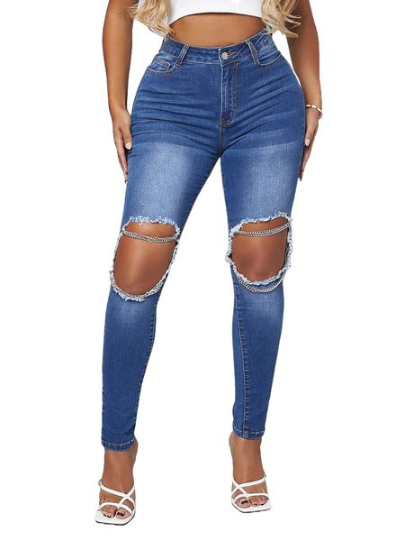 

sxy curvy high waist cut out chain detail skinny jeans i9w4#, Blue