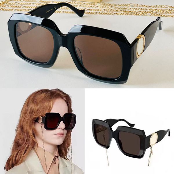 Drivin Retro-Sonnenbrille für Herren, quadratische Damenbrille, Designer-Brille mit braunen Gläsern, schlichte Geschäftsbrille mit 1022-Ausschnitt, ineinandergreifende Buchstabenbügel und goldene Metallkette