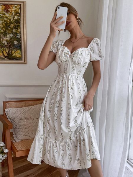 

allover floral sweetheart neck dress 28dn#, Black;gray