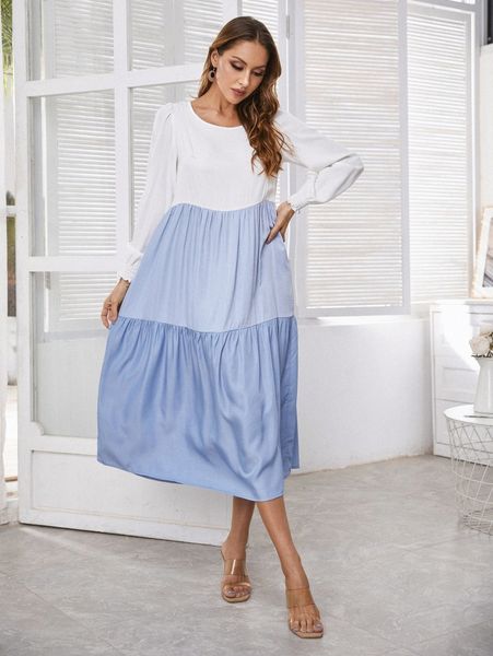

color block shirred cuff ruffle hem dress g09x#, Black;gray