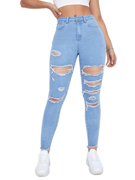 

cut out ripped raw hem skinny jeans s0wa#, Blue