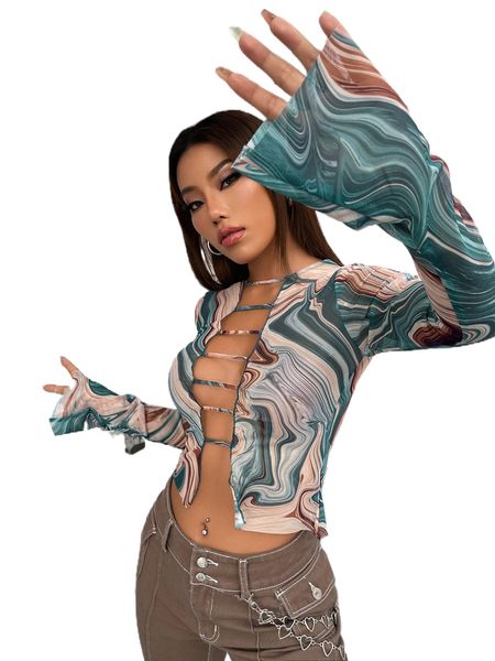 

marble print cut out mesh y774#, White
