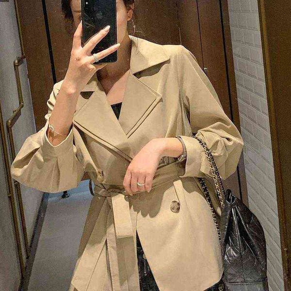 

women's trench coats double breasted women 2021 lantern sleeve lace up fall windbreaker slim waist solid autumn jacket t220809, Tan;black