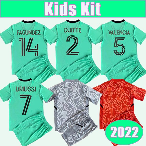 

2022 driussi ring kids kit soccer jerseys djitte cecilio fagundez hoesen redes finlay home away green goalkeeper football shirts, Black