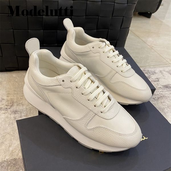 

modelutti spring autumn fashion platform thick all-match leather sneakers women simple casual running shoes female 220816, Black;white