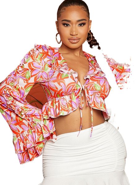 

floral flounce sleeve tie front blouse r78u#, White