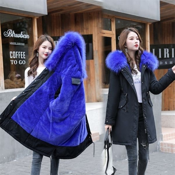 

winter women long parkas thicken big fur collar hooded jacket coats casual female winter outwear plus size 4xl 5xl 6xl 201125, Black