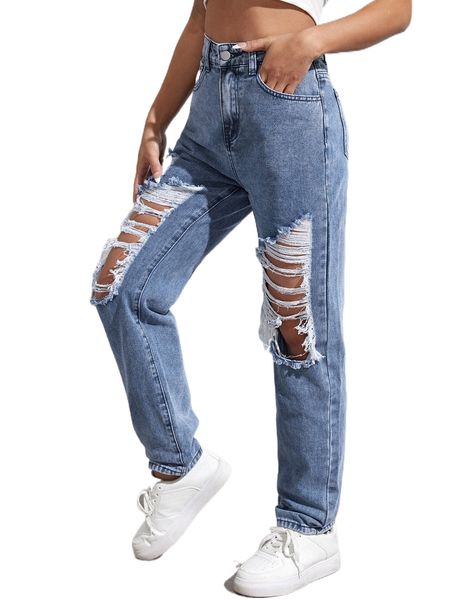 

ripped straight leg jeans a70z#, Blue