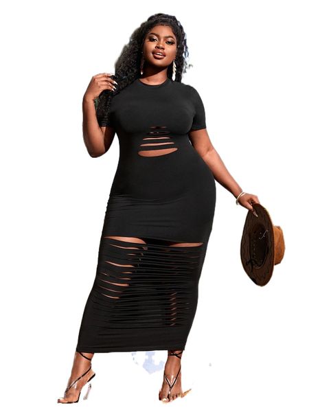 

sxy plus solid ladder cut out dress x4px#, Black