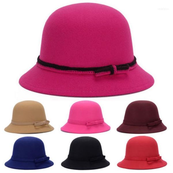 Decorações de Natal 2022 Moda Mulheres Lã Caphe Cap Bow Senti Wide Brim Bowler Hat1