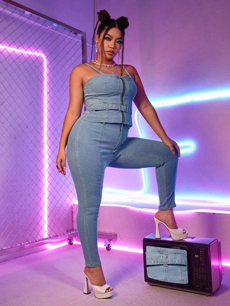 

plus zip-up buckle grommet eyelet denim cami & skinny jeans 09em#, White