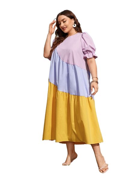 

plus 1pc color block puff sleeve dress t1ka#, Black