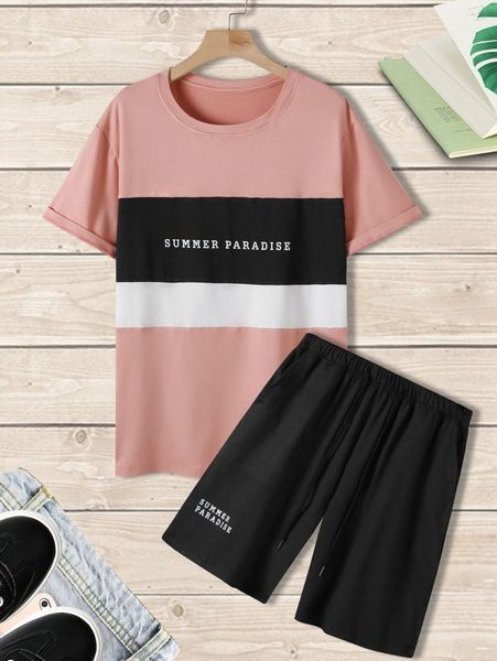 

men colorblock & letter graphic tee & shorts m6le#, Gray